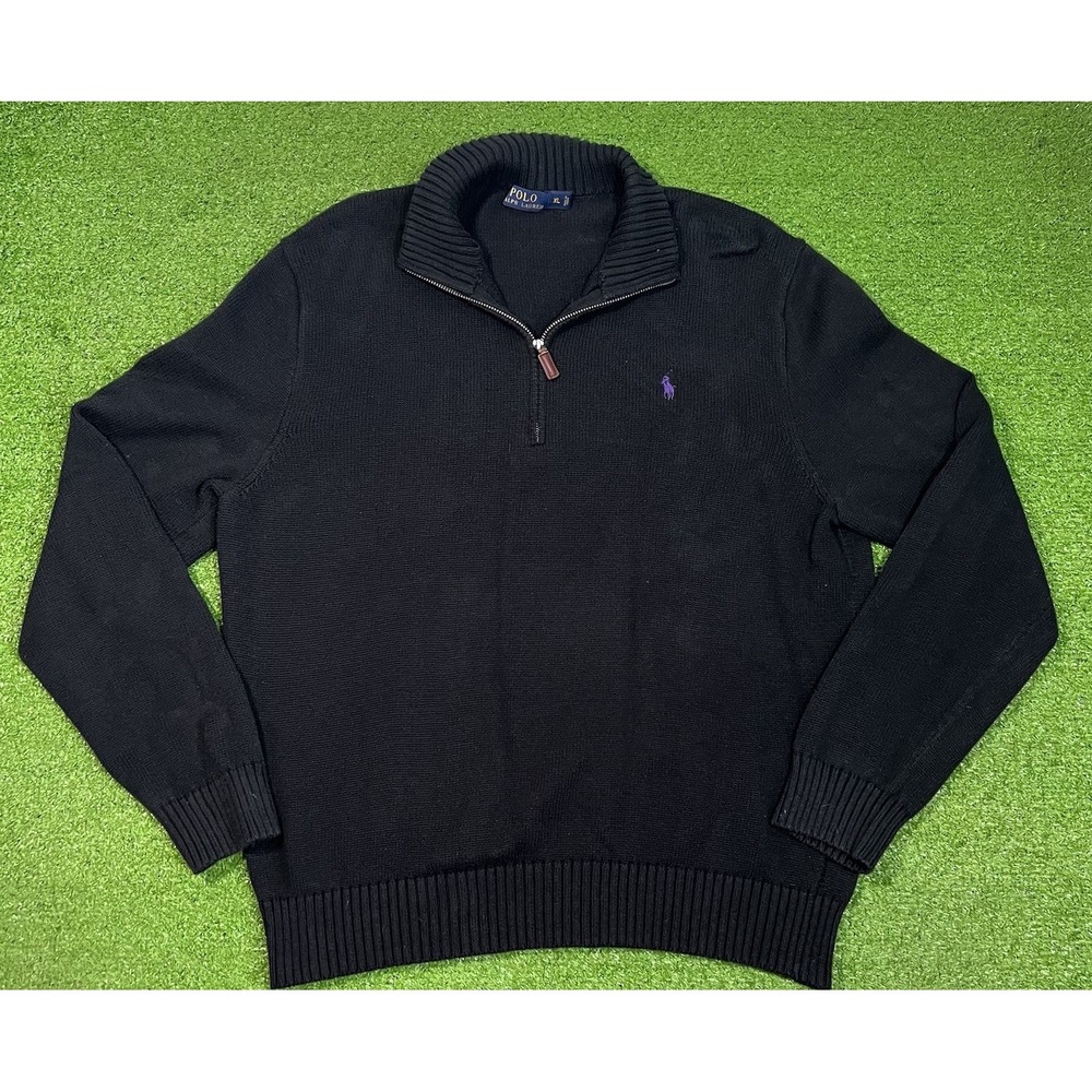 Ralph Lauren Polo Knit Sweater XL Black Pullover 1/4 Zip Preppy Purple Pony